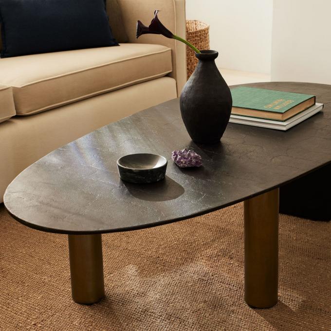 Modern Metal Top Glass Meja Kopi Oval Brown Dengan Kaki Baja Insta 4
