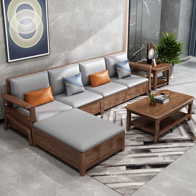 Teak Solid Wooden 7 Seater Sofa Set Modular Lounge Dengan Peti Kulit 3