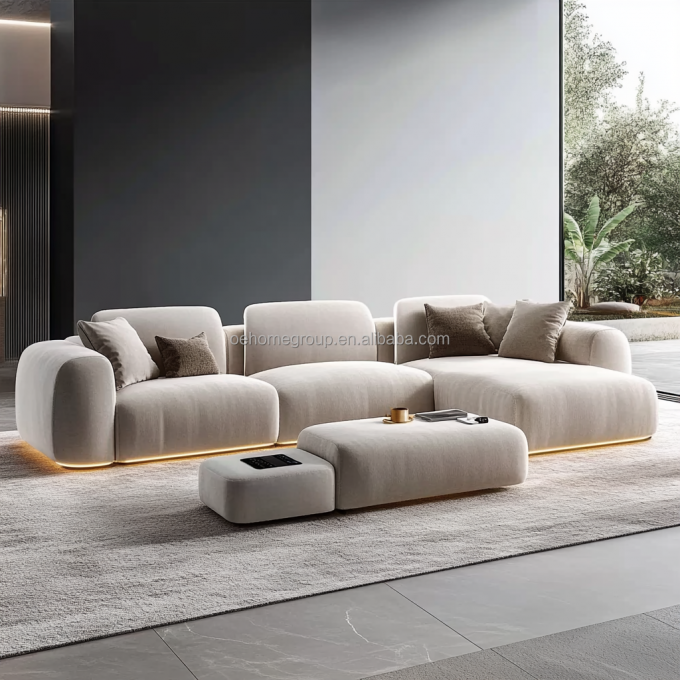 Sofa Dekor Kain Boucle Modular Melengkung Set Sofa Sudut Lantai Ruang Tamu Modern 6