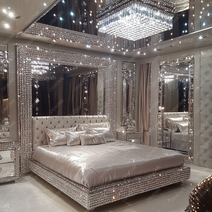 Desain Furnitur Kamar Tidur Terbaru Berlian Mewah Kristal Ukuran King/Queen Tempat Tidur Berlapis Cermin untuk Hotel dan Vila 2