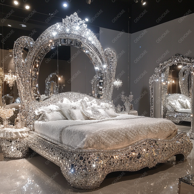 Desain Furnitur Kamar Tidur Terbaru Berlian Mewah Kristal Ukuran King/Queen Tempat Tidur Berlapis Cermin untuk Hotel dan Vila 3