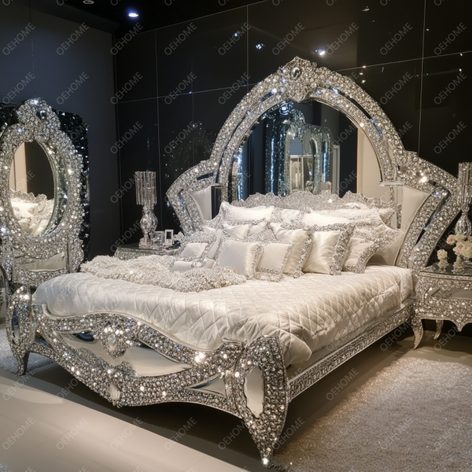 Desain Furnitur Kamar Tidur Terbaru Berlian Mewah Kristal Ukuran King/Queen Tempat Tidur Berlapis Cermin untuk Hotel dan Vila 4