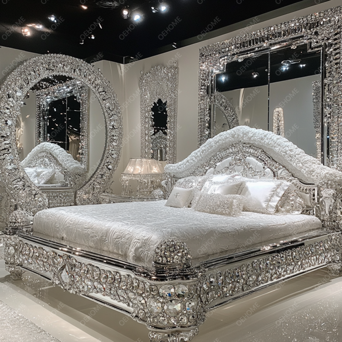 Desain Furnitur Kamar Tidur Terbaru Berlian Mewah Kristal Ukuran King/Queen Tempat Tidur Berlapis Cermin untuk Hotel dan Vila 5