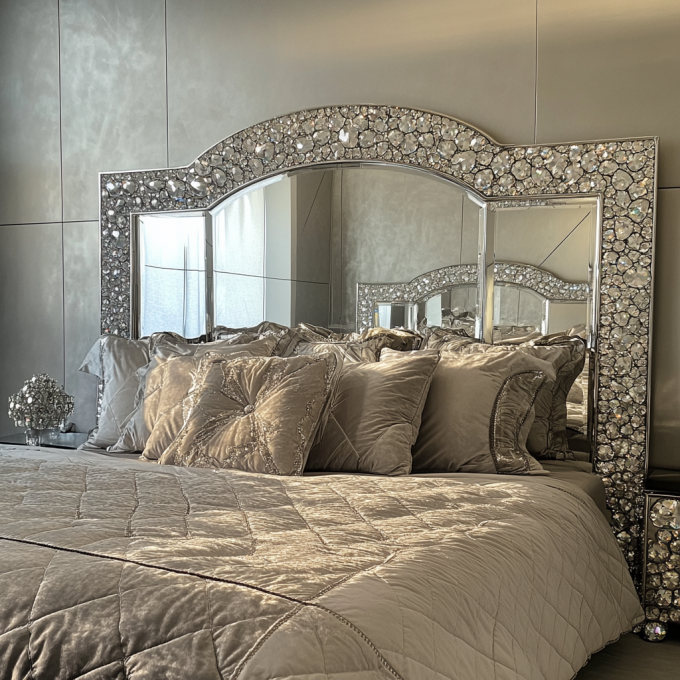 Desain Furnitur Kamar Tidur Terbaru Berlian Mewah Kristal Ukuran King/Queen Tempat Tidur Berlapis Cermin untuk Hotel dan Vila 6