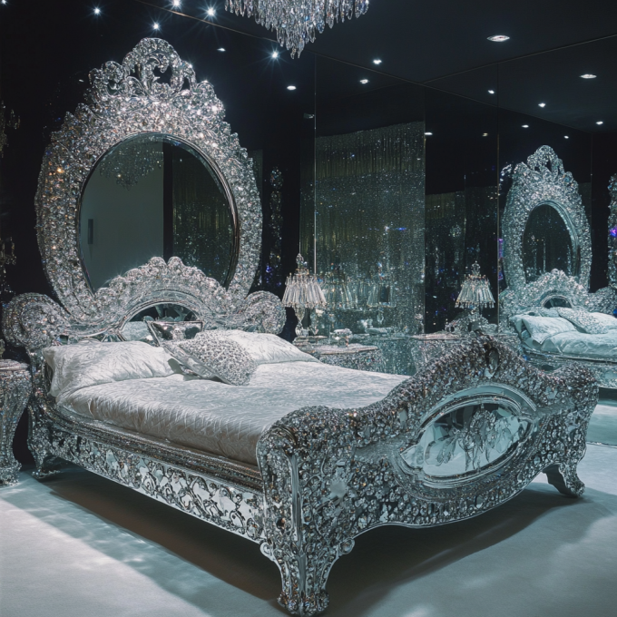 Desain Furnitur Kamar Tidur Terbaru Berlian Mewah Kristal Ukuran King/Queen Tempat Tidur Berlapis Cermin untuk Hotel dan Vila 7