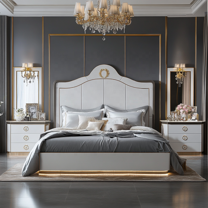 Tempat Tidur Kayu Ukuran Queen Desain Modern yang Dapat Disesuaikan Untuk Set Kamar Tidur Raja Cermin Mewah Kerajaan Italia Di Rumah Atau Kamar Hotel 2
