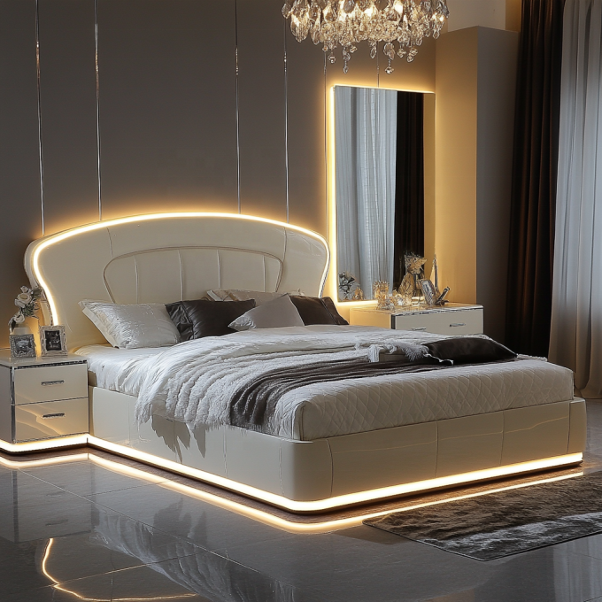 Tempat Tidur Kayu Ukuran Queen Desain Modern yang Dapat Disesuaikan Untuk Set Kamar Tidur Raja Cermin Mewah Kerajaan Italia Di Rumah Atau Kamar Hotel 3
