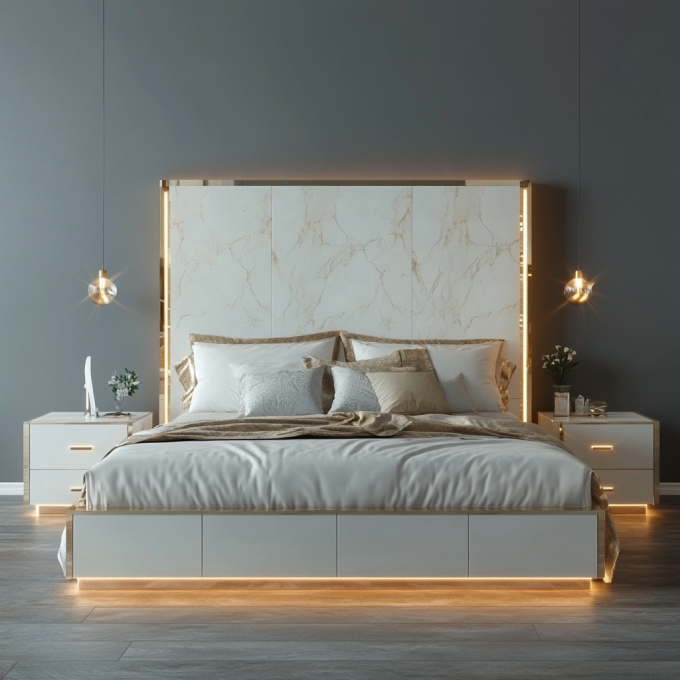 Tempat Tidur Kayu Ukuran Queen Desain Modern yang Dapat Disesuaikan Untuk Set Kamar Tidur Raja Cermin Mewah Kerajaan Italia Di Rumah Atau Kamar Hotel 5