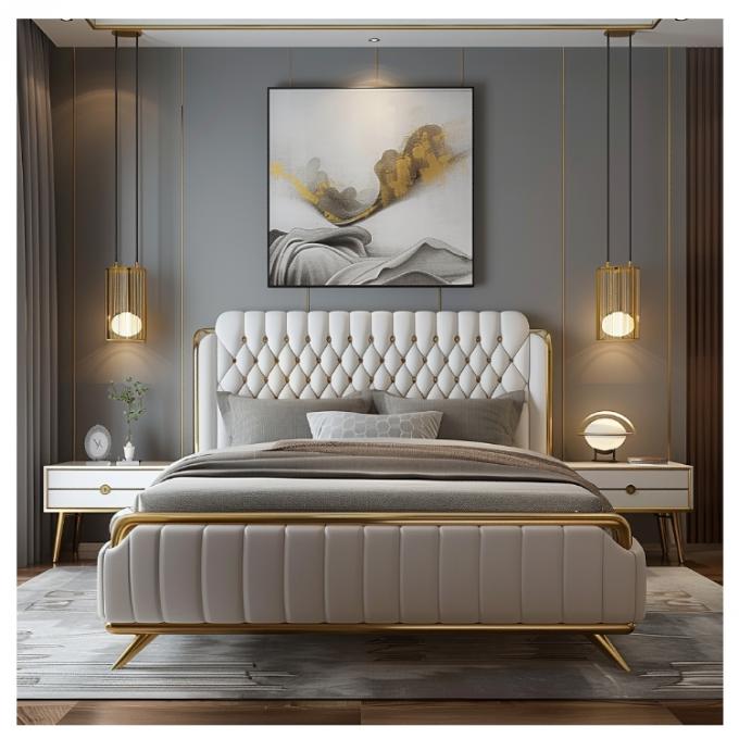 Tempat Tidur Ganda Master Kulit Modern Hall Kayu Solid Penyimpanan Rangka Tempat Tidur Kulit Italia untuk Perabot Rumah Hotel Apartemen 4