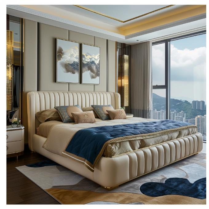 Tempat Tidur Ganda Master Kulit Modern Hall Kayu Solid Penyimpanan Rangka Tempat Tidur Kulit Italia untuk Perabot Rumah Hotel Apartemen 5