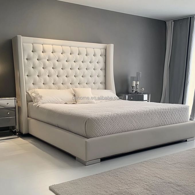 Set Tempat Tidur Ganda Ukuran Queen / King Kayu Abu-abu Dengan Kancing Cermin Terinspirasi Desain Presiden Dan Modern 1