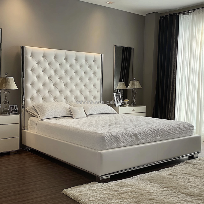 Set Tempat Tidur Ganda Ukuran Queen / King Kayu Abu-abu Dengan Kancing Cermin Terinspirasi Desain Presiden Dan Modern 2