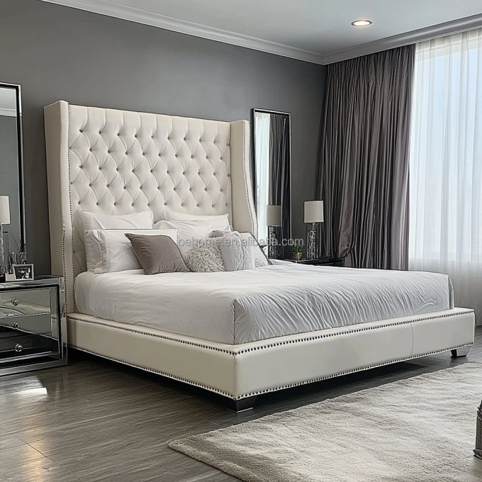 Set Tempat Tidur Ganda Ukuran Queen / King Kayu Abu-abu Dengan Kancing Cermin Terinspirasi Desain Presiden Dan Modern 7