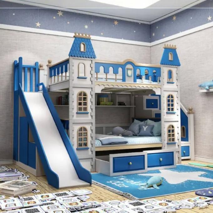 Perabot Kamar Tidur Biru yang Wajib Dimiliki Kayu Solid Dan MDF Ranjang Susun Untuk Anak Laki-Laki Warna Biru 4