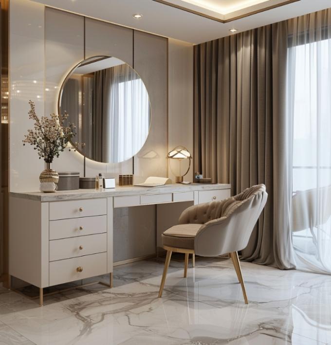 Furnitur kamar tidur modern mewah Fungsi kamar tidur dengan emas dilapisi atas dan kulit marmer keramik dresser 6