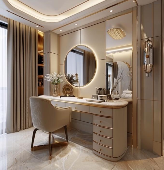 Fungsional Modern Nordic Kayu Multifungsi Meja Vanity Wanita Di Kamar Tidur Dengan Led Light Makeup Storage Mirror 1