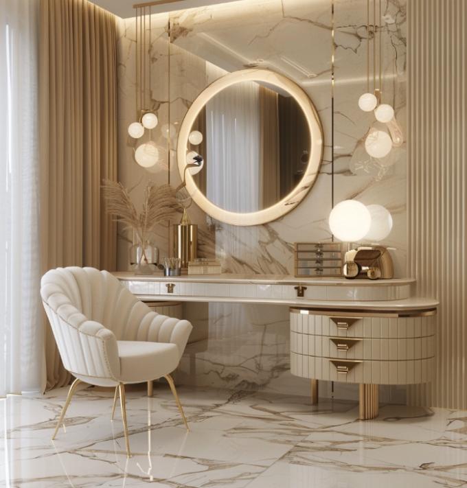 Fungsional Modern Nordic Kayu Multifungsi Meja Vanity Wanita Di Kamar Tidur Dengan Led Light Makeup Storage Mirror 3