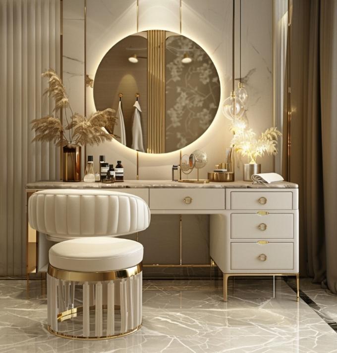 Fungsional Modern Nordic Kayu Multifungsi Meja Vanity Wanita Di Kamar Tidur Dengan Led Light Makeup Storage Mirror 2