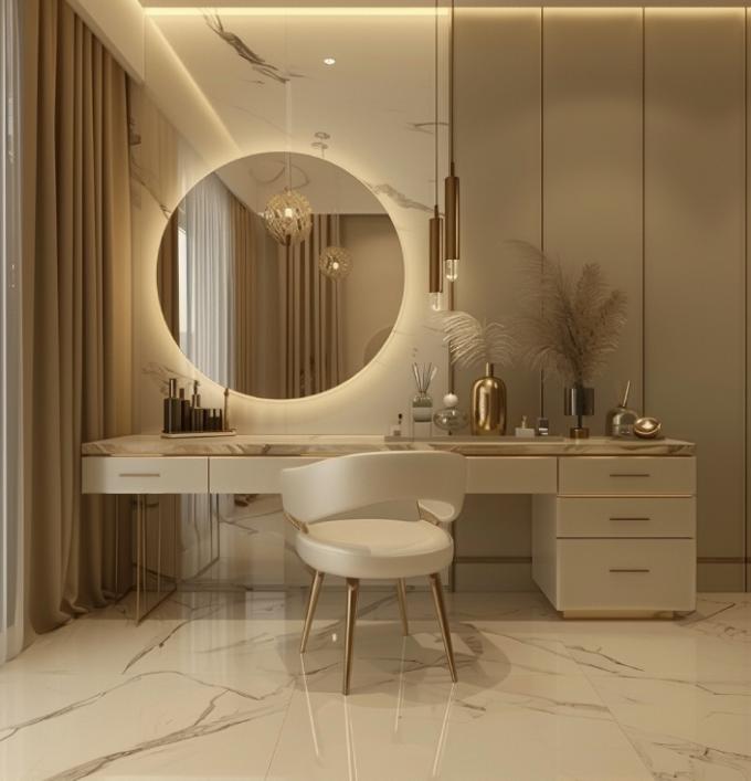Fungsional Modern Nordic Kayu Multifungsi Meja Vanity Wanita Di Kamar Tidur Dengan Led Light Makeup Storage Mirror 4