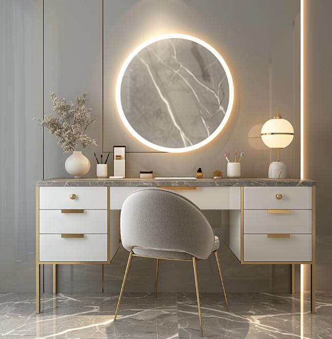 Fungsional Modern Nordic Kayu Multifungsi Meja Vanity Wanita Di Kamar Tidur Dengan Led Light Makeup Storage Mirror 5