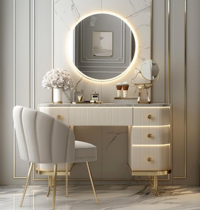 Fungsional Modern Nordic Kayu Multifungsi Meja Vanity Wanita Di Kamar Tidur Dengan Led Light Makeup Storage Mirror 6