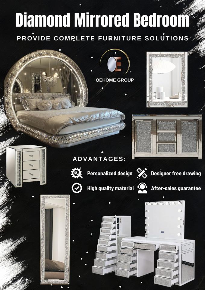 Set Kamar Tidur Ukuran King Mewah Modern dengan Cermin Berlian Kayu Solid untuk Rumah Villa Kamar Tidur Ruang Tamu 1