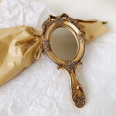 Fungsi Kayu Kaca Vintage Handheld Makeup Mirror Portable Retro Mirror untuk Anak Perempuan