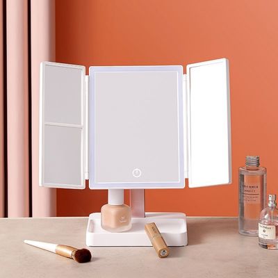 Trifold vanity Cahaya Magnifying Makeup Mirror Kosmetik ABS Plastik