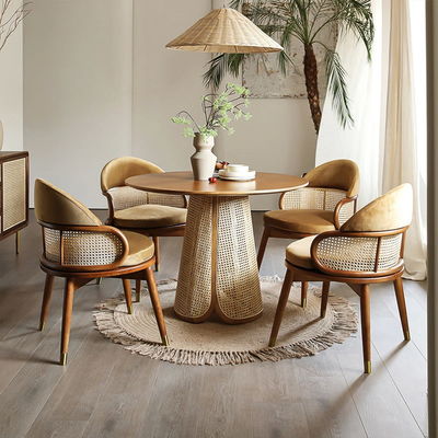 Wicker Rattan Meja Makan Dan Kursi Set Kayu Solid Modern