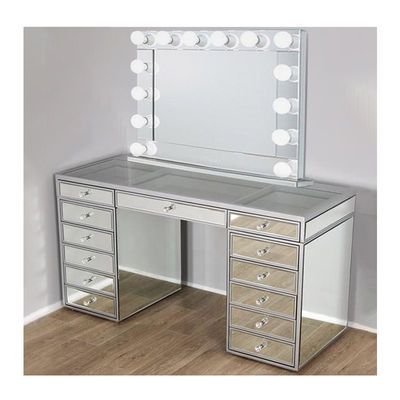 Kamar Tidur Kayu Hollywood Cermin Dan Meja Pakaian Vanity Dengan Lampu
