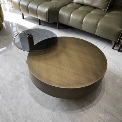 Tempered Glass Gold Metal Round Coffee Table Bentuk Drum Kontemporer