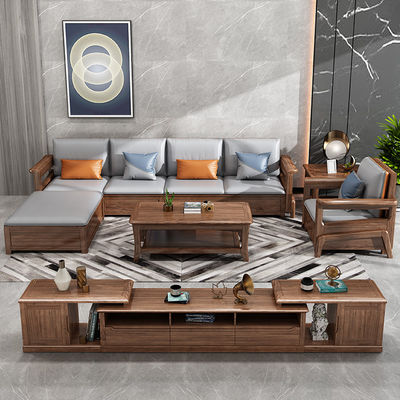 Teak Solid Wooden 7 Seater Sofa Set Modular Lounge Dengan Peti Kulit