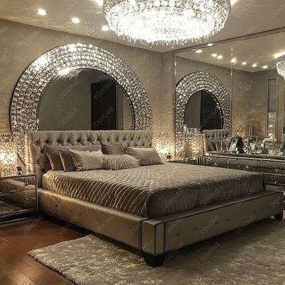 Set Perabot Rumah Dapat Disesuaikan Bingkai Perak Kamar Tidur Cermin Tempat Tidur Ukuran King Led Furniture Cermin Untuk Apartemen Kamar Tidur