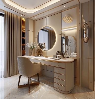 Fungsional Modern Nordic Kayu Multifungsi Meja Vanity Wanita Di Kamar Tidur Dengan Led Light Makeup Storage Mirror